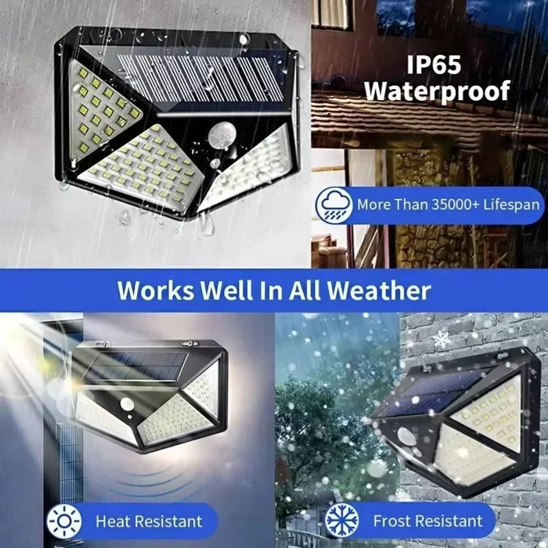 KDULIT Solar-LED-Wandleuchte mit 100 LEDs und Bewegungsmelder, wasserdichte Sicherheitsleuchte für Garten und Außenbereich, Schwarz - Bild 2