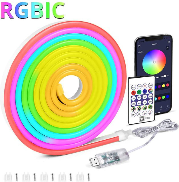 Saimili RGBIC Neon LED Streifenlicht, 1m bunt, USB 5V wasserdichtes Neon Flex Seil mit App Bluetooth WLAN Musiksynchronisation und Fernbedienung für Gaming-Raum und Party Dekoration - Bild 1