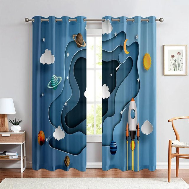 2er-Set Vorhänge mit Astronauten- und Weltraum-Motiv in Blau, halbtransparent, B: 60 cm, H: 100 cm - Bild 1