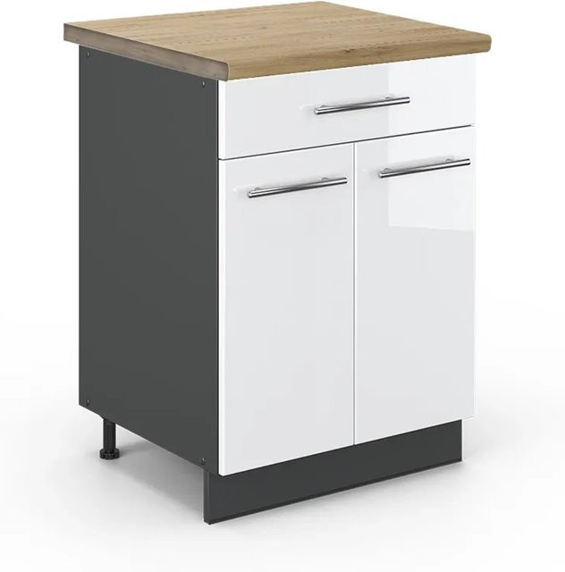 Vicco Küchenunterschrank Fame-Line in Weiß Hochglanz und Anthrazit mit Schublade und Eiche-Optik, Breite: 60 cm, Höhe: 82 cm, Tiefe: 53 cm - Bild 1