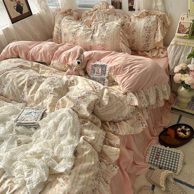 Bin Chi Textiles Bettwäsche-Set im Koreanischen Prinzessinnen-Stil mit Blumenrüschen in Pink, 3-teilig, B/H: 150 x 200 cm - Bild 1
