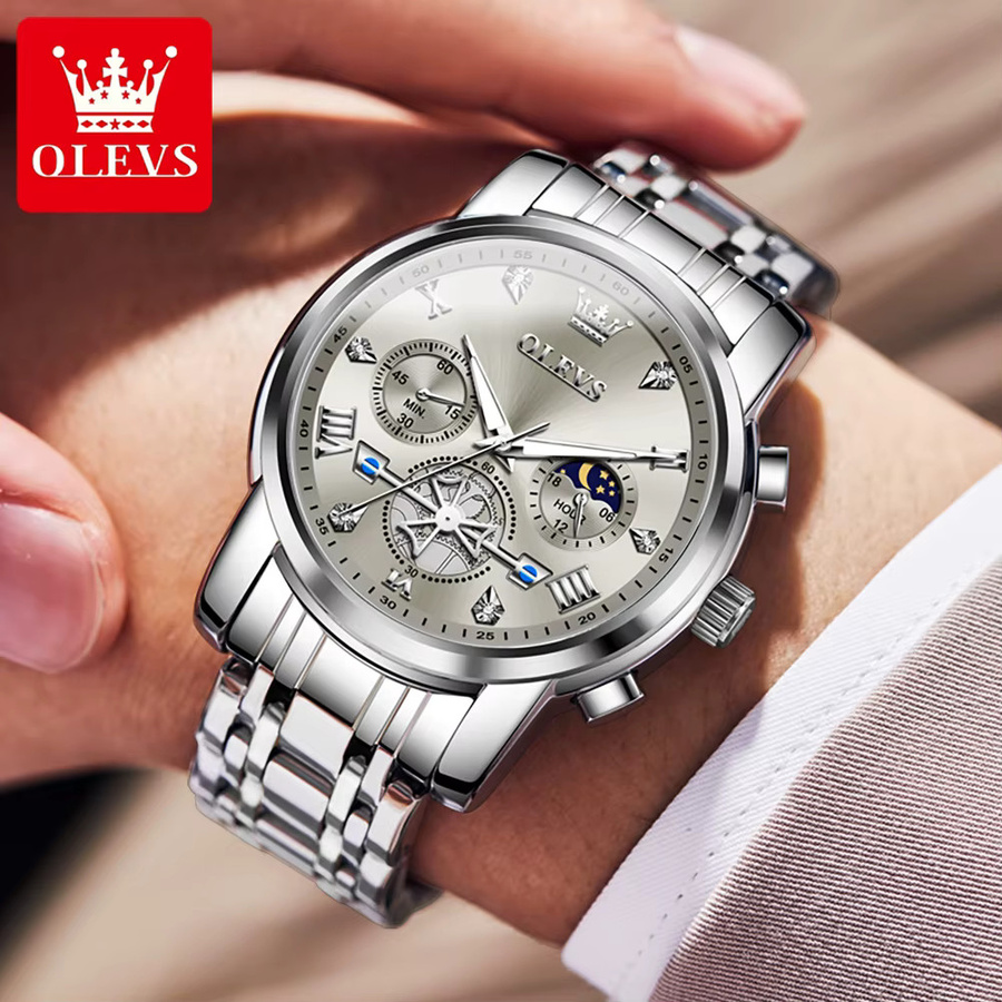 OLEVS Armbanduhr Edelstahl, Mondphase, Silber, Herren - Bild 3