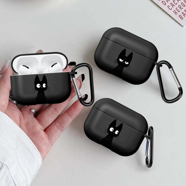 Schutzhülle mit Cartoon-Katzen Kopf für Apple AirPods Pro, Pro 2, Pro 3 und AirPods 4 in Schwarz - Bild 1