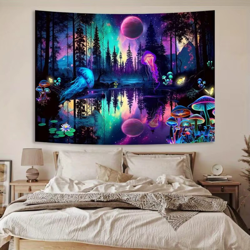 VIKAMA Wandteppich mit psychedelischem Wald, Pilzen und Quallen in Multicolour, B/H: 60 x 40 cm - Bild 3