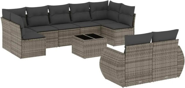 vidaXL 10-teilige Garten-Sofagarnitur aus Poly-Rattan mit Kissen in Grau - Bild 1
