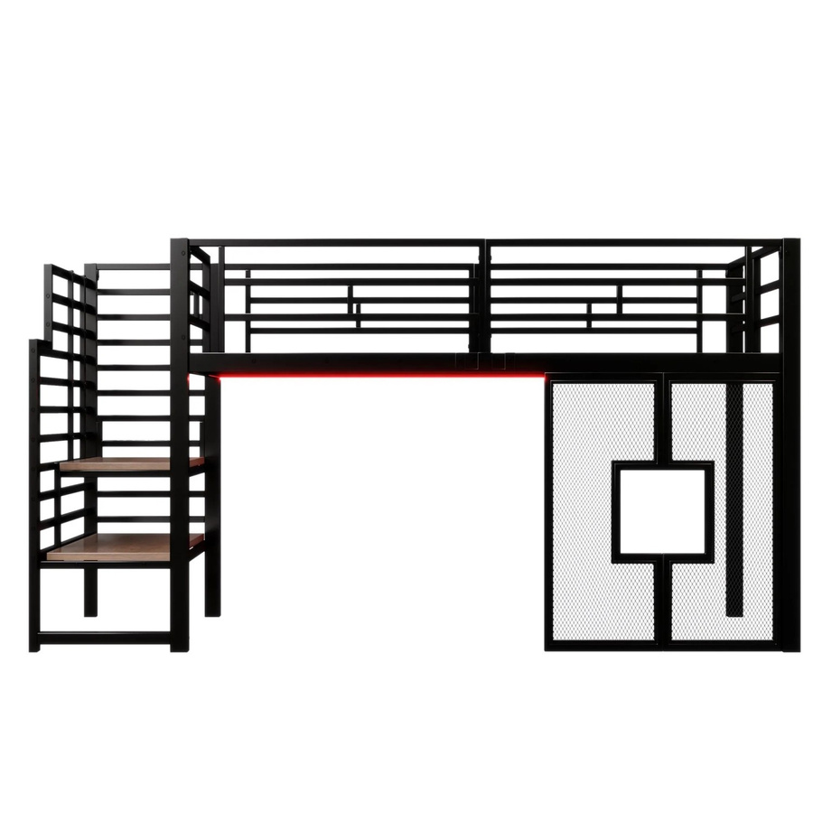 Merax Hochbett aus Metall und MDF mit Treppe, LED-Unterbettbeleuchtung und Seitenfächern, Schwarz, B/T/H: 90 x 200 x 175 cm - Bild 2