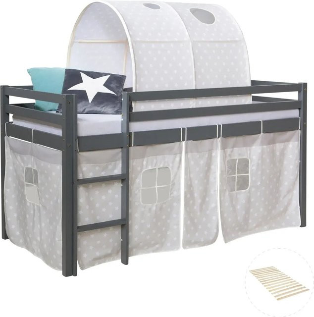 Homestyle4u Kinderhochbett aus Kiefernholz in Grau mit Lattenrost und Sternenmuster, B/T/H: 90 x 200 x 207,5 cm - Bild 1