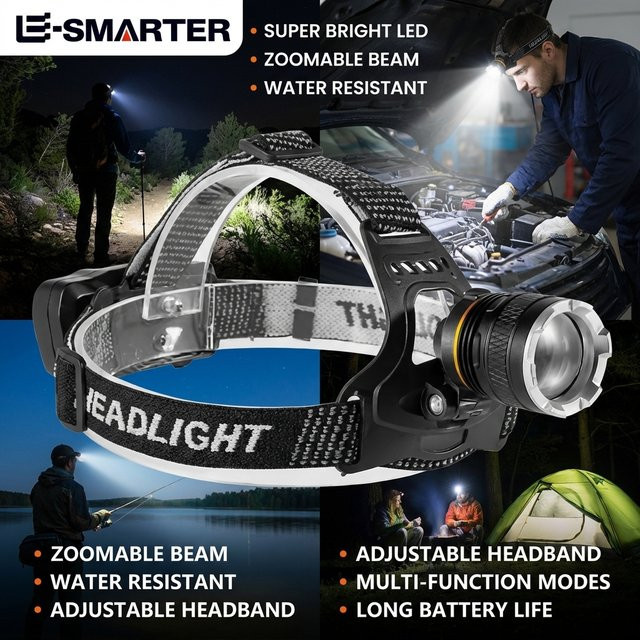 ESMARTER LED Stirnlampe mit Zoom-Funktion und Bewegungssensor, wiederaufladbare Wasserdichte Kopflampe in Schwarz - Bild 1
