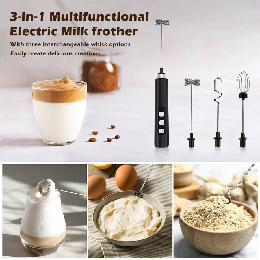 OFENGIQ 3-in-1 Elektrischer Milchaufschäumer mit 3 Geschwindigkeitsstufen, Tragbarer Handmixer mit Typ-C-Aufladung und Basis, Schwarz - Bild 3