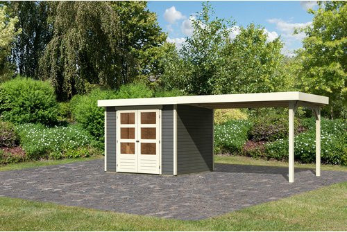 Gartenhaus Holz ASKOLA 3 in Terragrau mit Anbaudach und Flachdach, B/H/T: 242 x 217 x 19 cm - Bild 1