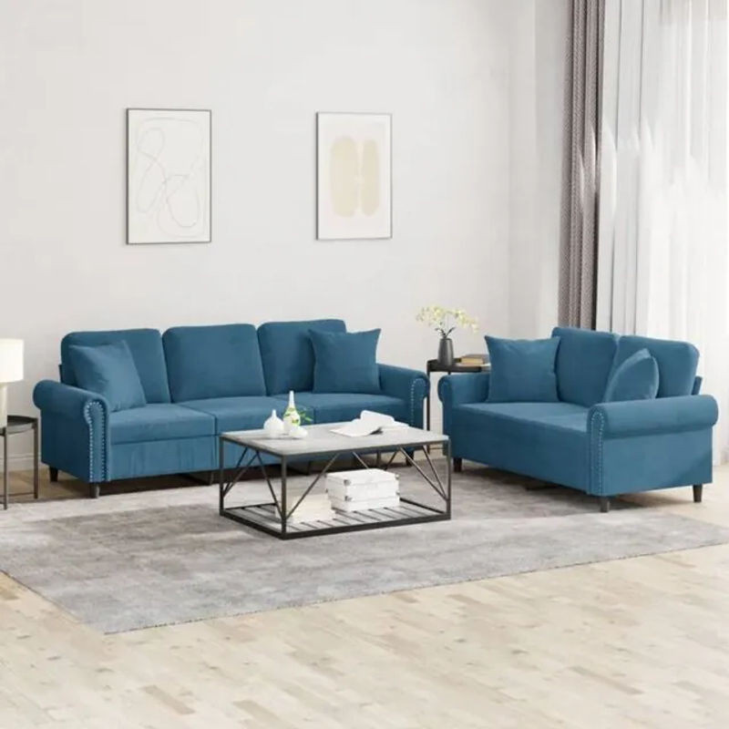 Vidaxl 2-tlg. Sofagarnitur aus Samt mit Kissen in Blau und Metallgestell im modernen Design - Bild 1