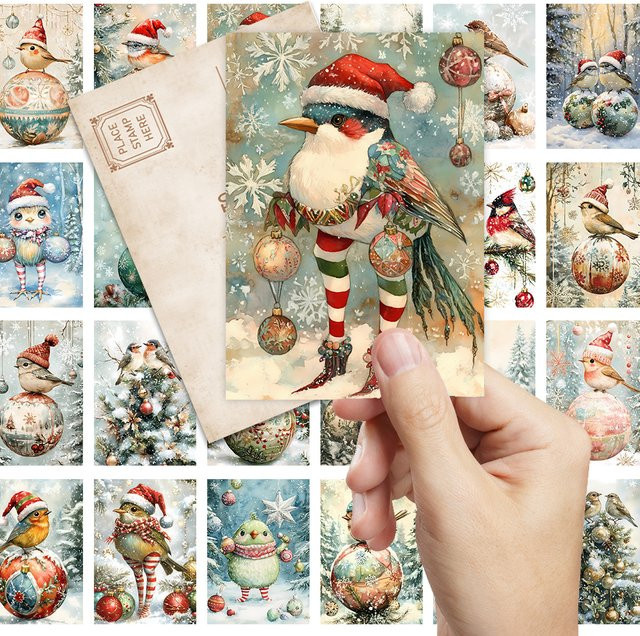 32 Stück Vintage Weihnachtsvogel Postkarten mit Tier-Illustrationen in Multicolour - Bild 1
