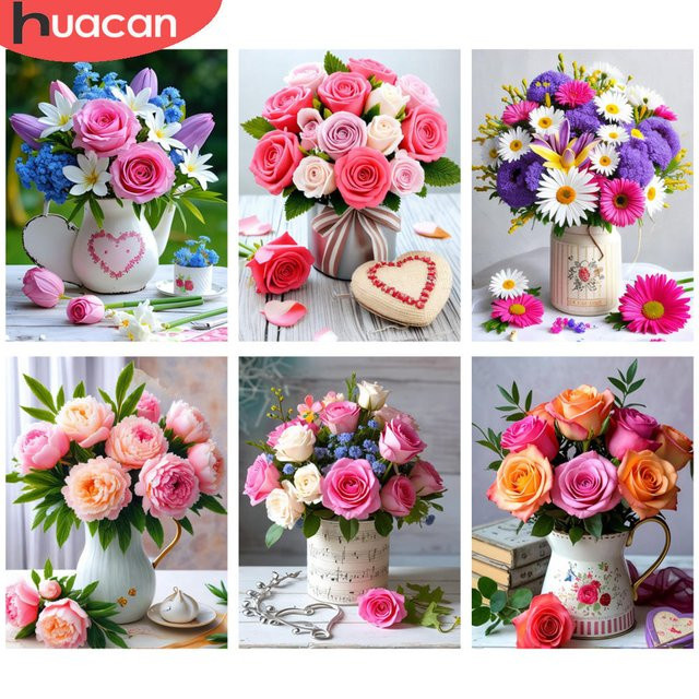 HUACAN 5D Diamantmalerei Set mit Blumenarrangement und Teekanne, DIY Kunst Kit, Multicolour, B/H: 30 x 20 cm - Bild 1