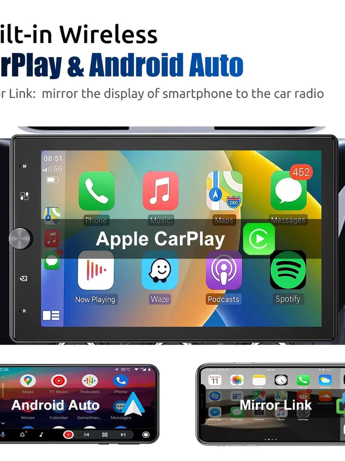 ESSGOO Universal Autoradio mit 10,4 Zoll drehbarem IPS Touchscreen, Wireless Carplay, Android Auto, Bluetooth, AUX und USB, Schwarz - Bild 5