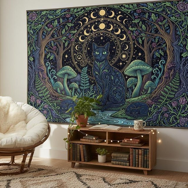 VIKAMA Wandteppich im Bohemian-Stil mit schwarzer Katze und Mondphasen, Mehrfarbig, B/H: 60 x 40 cm - Bild 1