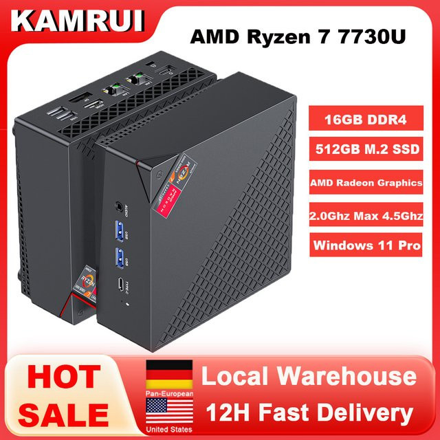 KAMRUI Mini-PC mit AMD Ryzen 7 7730U, 16GB DDR4, 512GB SSD, WiFi6, 4K-Display, Windows 11 Pro, Schwarz - Bild 1