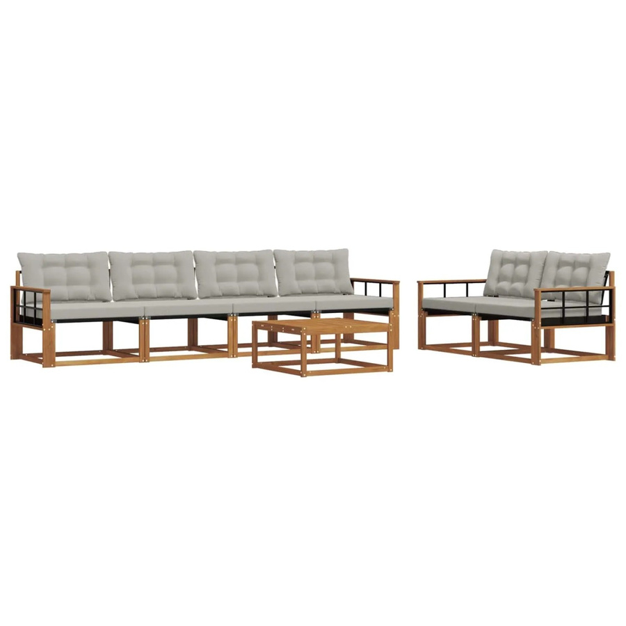 vidaXL Outdoor-Sofagarnitur 7-teilig in U-Form aus Akazienholz und Textilene mit Kissen, Farbe: Natur und Hellgrau - Bild 2
