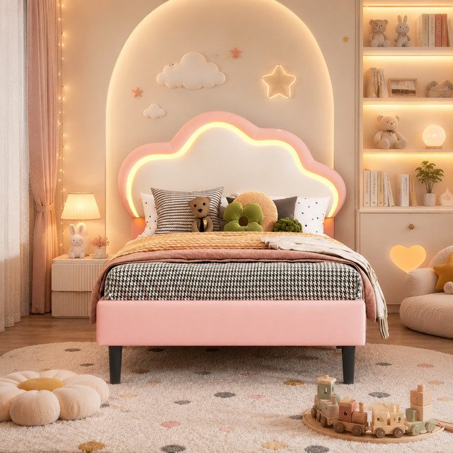 HYNHXBP Kinder-Einzelbettrahmen in Wolkenform mit LED-Ambientebeleuchtung und höhenverstellbarem Kopfteil, rosa PU-Leder, B/T: 90 x 200 cm - Bild 1