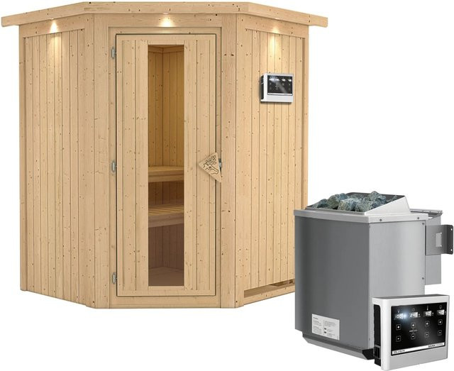 Karibu Sauna LARIN mit Bio-Kombiofen 9,0 kW, Dachkranz und Energiespartür, Farbe: Beige, B/T/H: 151 x 151 x 198 cm - Bild 1