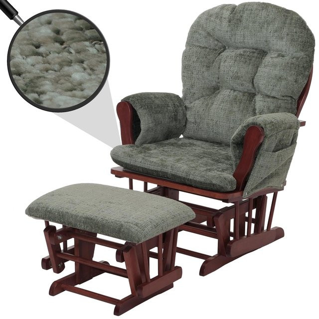 MCW Relaxsessel C76 Schaukelstuhl mit Hocker aus grünem Chenille-Stoff und dunklem Holzgestell - Bild 1