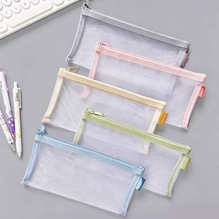 Transparente Stifttasche aus grünem Nylonnetz mit Reißverschluss als Schreibwarenbeutel und Kosmetiktasche - Bild 3