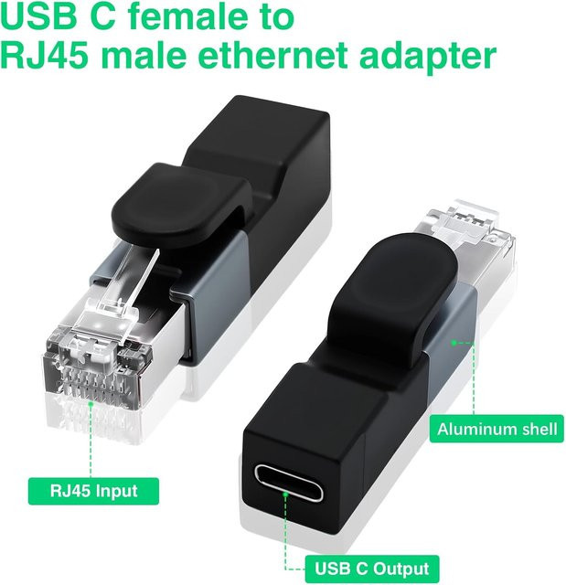 JoniSerl USB-C zu Ethernet Adapter, 1Gbps RJ45 Netzwerk-Konverter in Schwarz - Bild 1