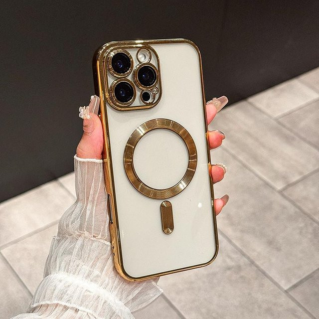 Magnetische Premium Handyhülle für iPhone 14, iPhone 14 Pro Max und iPhone 14 Plus in Gold und Weiß, galvanisiertes Design mit kabelloser Ladefunktion - Bild 1