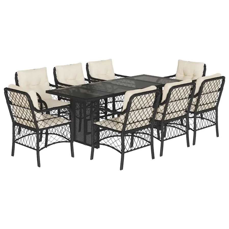 vidaXL 9-teilige Garten-Essgruppe aus Poly Rattan mit Kissen und Hartglas in Schwarz-Creme - Bild 2