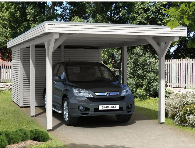 Skan Holz Carport Spessart aus Fichte mit Abstellraum und Aluminium-Dachplatten, Farbe: Weiß, B/T: 355 x 846 cm, Höhe: 243 cm - Bild 1