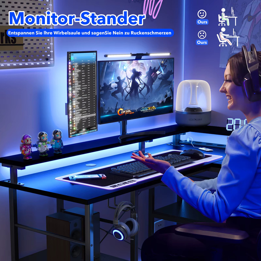 ThomP Moderner L-Schreibtisch in Schwarz, 2 in 1 Umwandelbar mit ergonomischem Monitortisch-Aufsatz und Power Hub, Eckschreibtisch für Home Office und Gaming - Bild 2