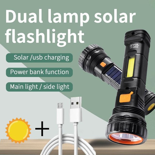 Mikenoon Multifunktionale Solar-LED-Taschenlampe mit Powerbank und großer Reichweite, schwarze taktische Notfall-Laterne für Garten und Outdoor - Bild 1