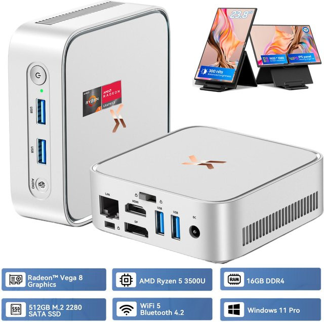 HUIDUN H80 3500U Mini-PC mit AMD Ryzen 5, 16 GB RAM, 512 GB SSD, AMD Radeon RX Vega 8, Windows 11 Pro und QWERTY-Tastatur, Silber - Bild 1
