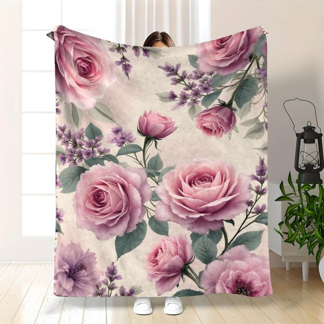JMG Household Supplies Fleece Überwurf Rosa Rose Florales Design mit Lavendel, Breite: 100 cm, Tiefe: 130 cm - Bild 1