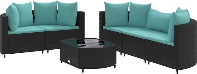 vidaXL 6-teilige Garten-Sofagarnitur in L-Form mit Kissen und Couchtisch, Schwarz und Blau, Poly-Rattan mit Metallgestell - Bild 1
