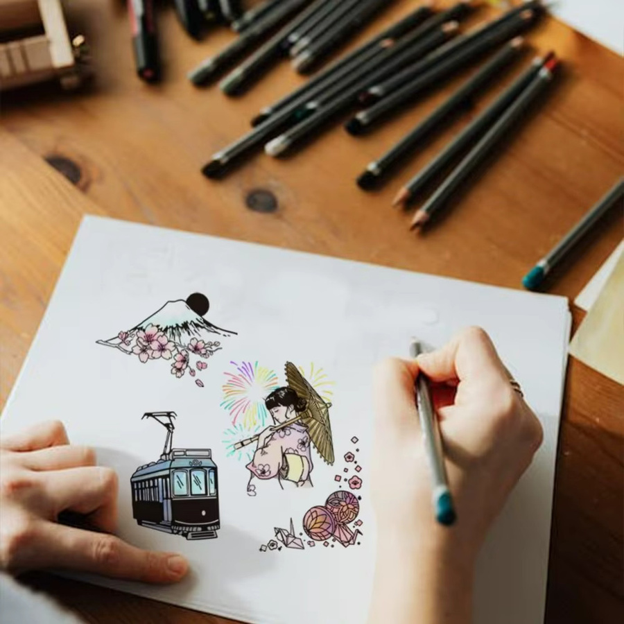 Japanische Kulturmuster Silikon-Stempel Set mit Motiven wie Mt. Fuji, Feuerwerk und Kirschblüten in Transparent - Bild 2