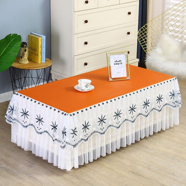 Wasserdichte und ölbeständige Tischdecke von Super Six in Orange mit bestickter Spitze und Gaze-Saum, B/T/H: 50 x 50 x 40 cm - Bild 1