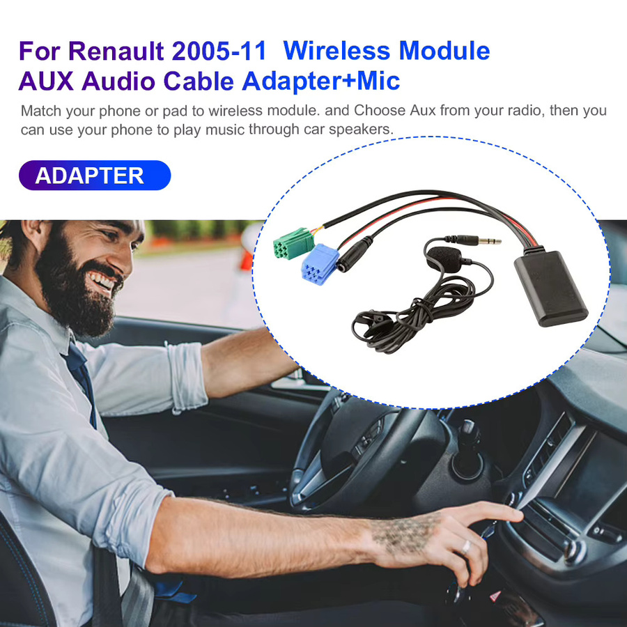 Bluetooth 5.0 Aux Adapter mit Mikrofon für Renault Radio Update, Mini ISO Anschluss, Schwarz - Bild 2
