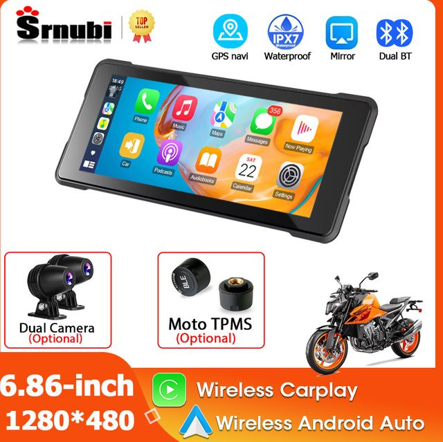 Srnubi Motorrad Dashcam mit 6,86 Zoll Display, 1080P Full HD Dual Cam, GPS Navigation, Wireless CarPlay und Android Auto sowie externem TPMS Sensor in Schwarz - Bild 1