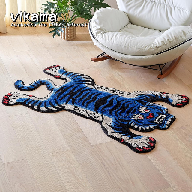 VIKAMA Domineering Tiger Plüschteppich mit rutschfester Bodenmatte in Blau für Wohnzimmer, Schlafzimmer und Küche - Bild 1