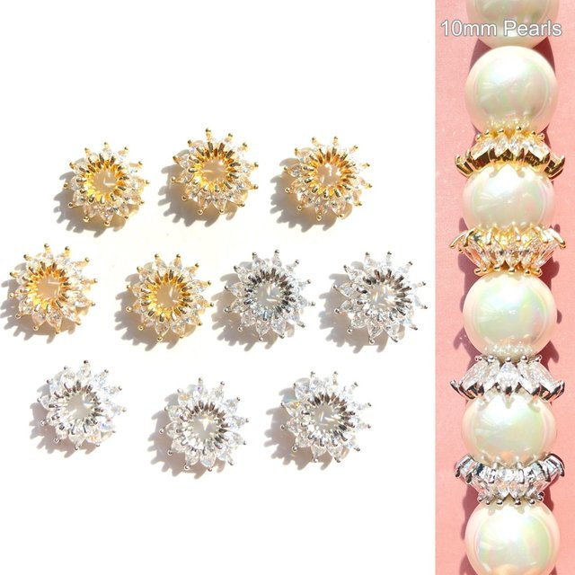 Spacer Blume, Messing, Gold, Zirkonia, Perle, 12 mm - Bild 1