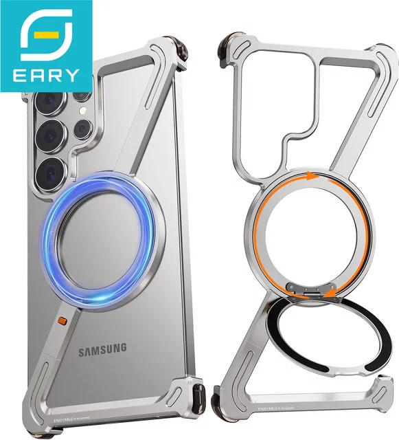 Eary magnetische rahmenlose Handyhülle für Samsung Galaxy S25 Ultra und S24 Ultra mit 360 Grad drehbarem Metallständer in Desert Titanium, stoßfest - Bild 1