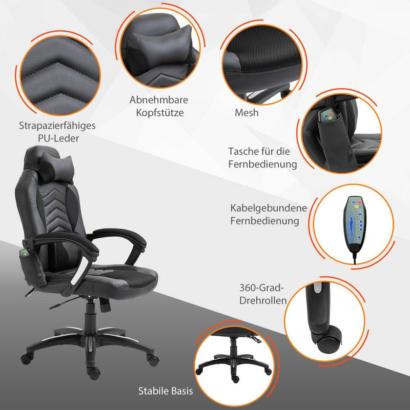 HOMCOM Gaming Stuhl in Schwarz aus Kunstleder mit Kopfstütze und 360 Grad Drehsitz, B/T/H: 68 x 49 x 117 cm - Bild 9