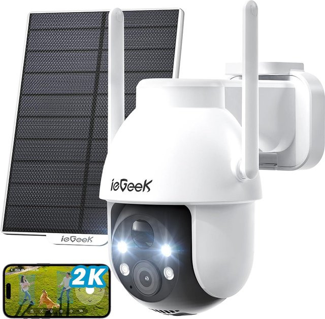 ieGeek Solar-Überwachungskamera für den Außenbereich mit 2K 3MP Auflösung, 360 Grad PTZ, Akku, PIR-Bewegungssensor und farbiger Nachtsicht in Weiß - Bild 1