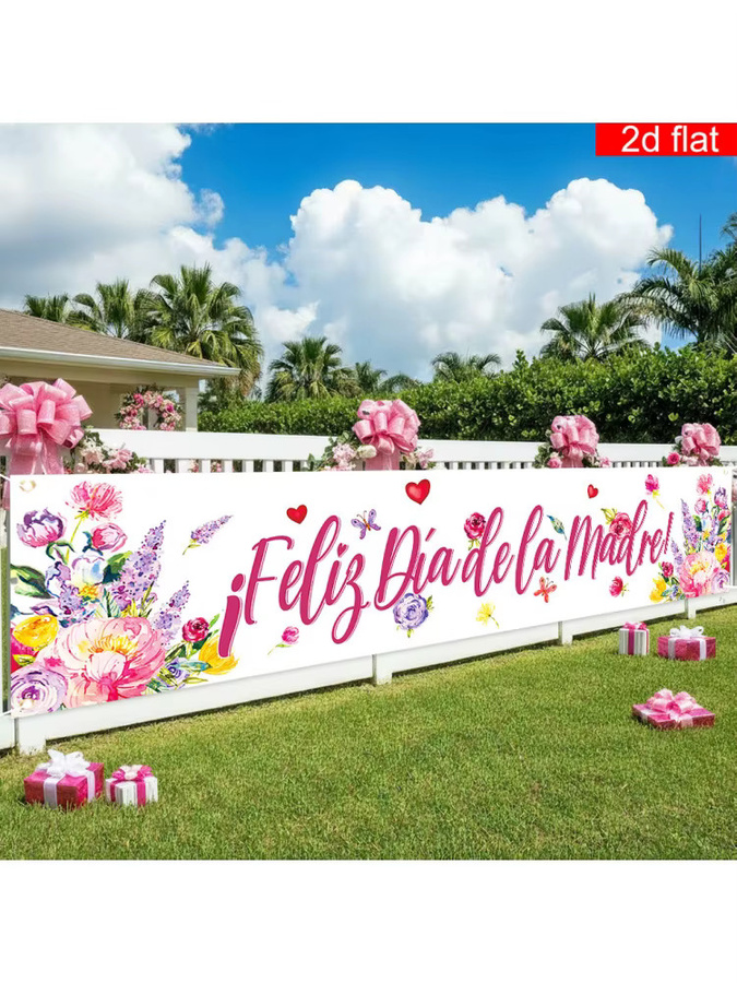 VIKAMA Spanischsprachiges Muttertags-Partybanner mit Blumen und Schmetterlingen, Mehrfarbiges Hintergrundtuch für den Außenbereich, B: 180 cm, H: 35 cm - Bild 7