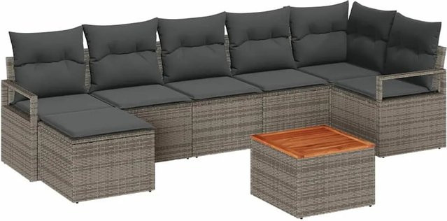 vidaXL Garten-Sofa-Set aus Poly-Rattan in Grau, 8-teiliges L-Shape Lounge-Set mit Kissen und Tisch - Bild 1