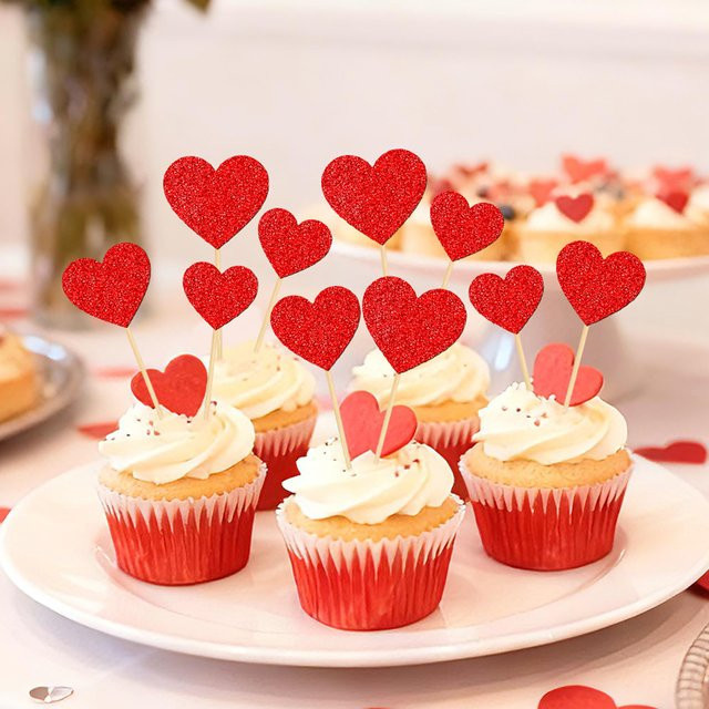 YOMDID 20 Stück Herz-Kuchenaufsätze in Rot, glitzernde Cupcake-Picks für Valentinstag und Hochzeitstorten-Dekorationen - Bild 1