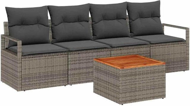 vidaXL Garten-Sofa-Set 5-teilig in Grau mit Poly-Rattan, pulverbeschichtetem Stahl und Akazienholz - Bild 1