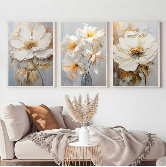 Potdemiel Abstrakte Blumen auf Leinwand in Weiß und Gold, Modernes Botanisches Wandbild für dein Wohnzimmer - Bild 1