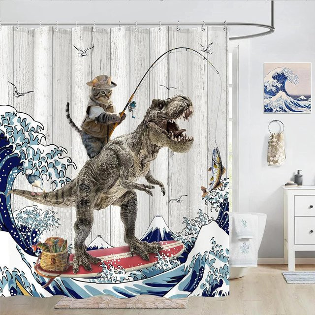 Lustiger Katzen-Duschvorhang von Baifenbai Home Furnishing mit Dinosaurier- und Ozeanwellen-Motiv, Mehrfarbig, B: 180 cm, H: 200 cm - Bild 1