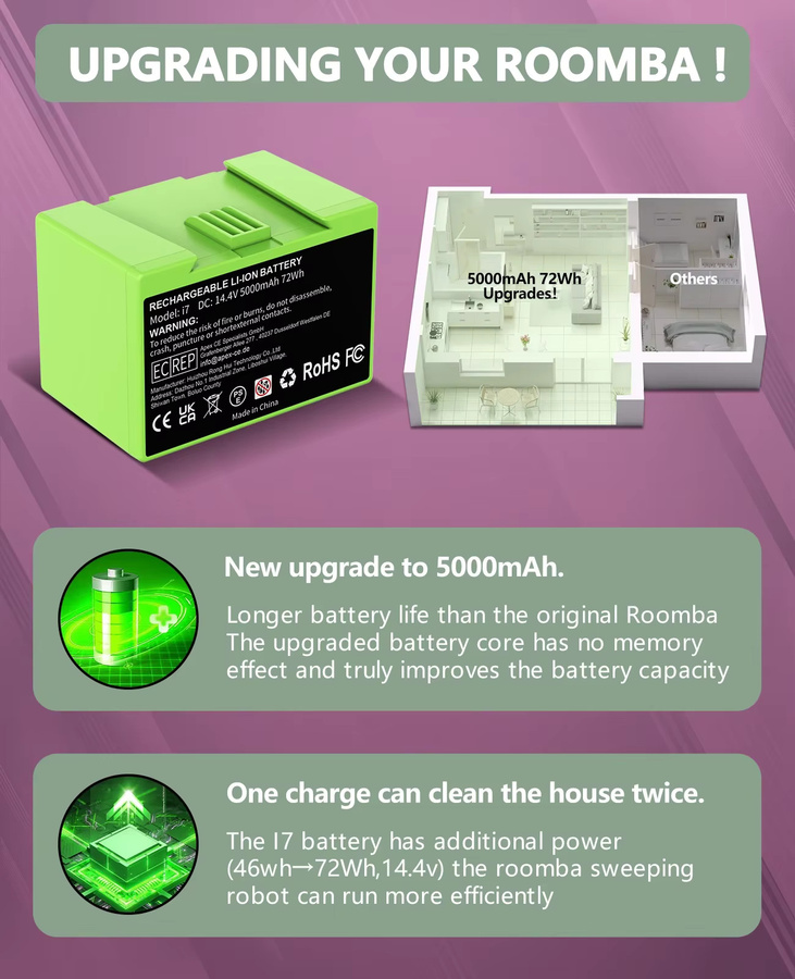 Bonadget Wiederaufladbarer Akku für iRobot Roomba i7 i3 i4 i6 i8 J7 E5 E6 i7+ ABL-D1 Serie, 14,4V 5000mAh, Grün - Bild 3